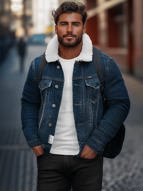 Pánska Riflová Bunda Šerpa Tmavomodrá OZONEE NB/MJ516BSZ