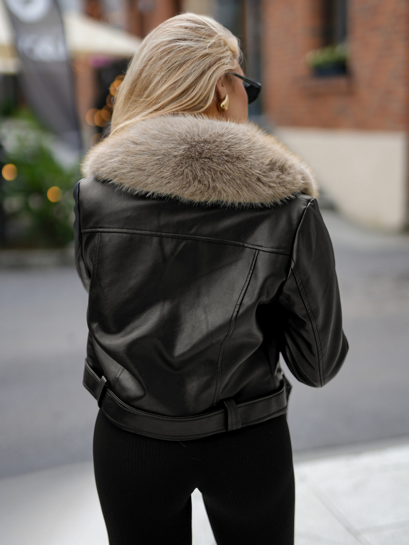 Dámska kožená bunda čierno-béžová OZONEE JS/61M8511/392B