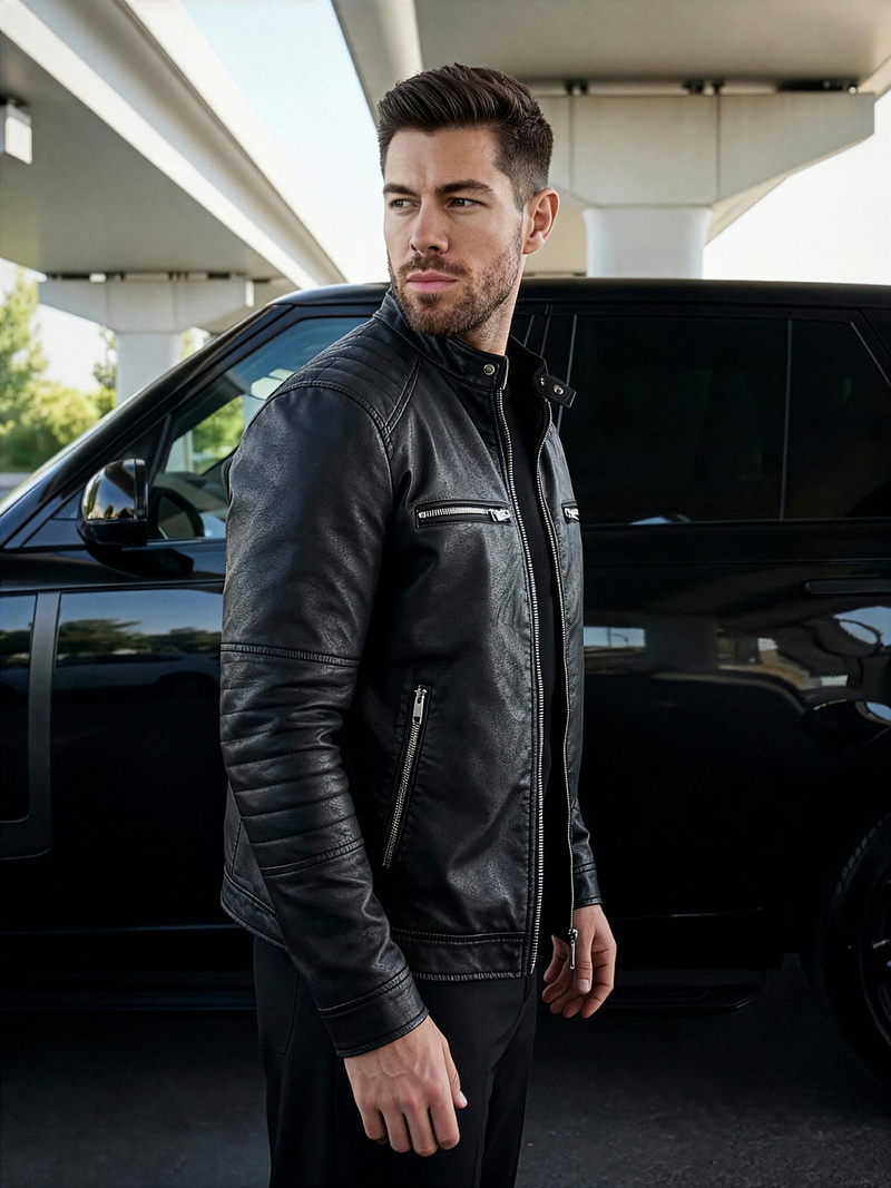 Pánska Koženková Bunda Čierna OZONEE JS/11Z8066