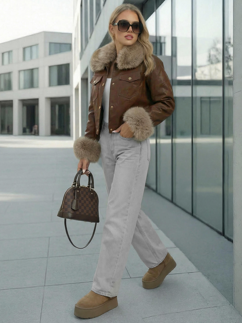 Dámska Kožená Bunda Čokoláda OZONEE JS/61M8513/158