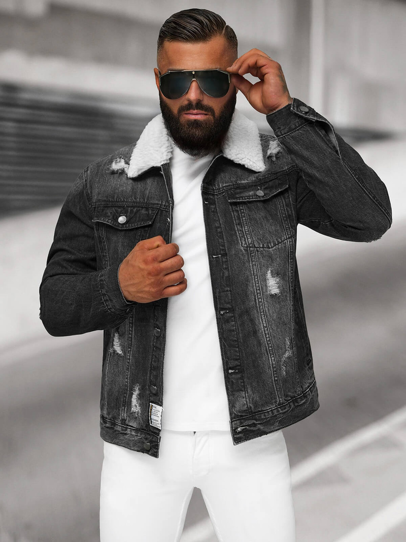 Pánska Riflová Bunda Šerpa Čierna OZONEE NB/MJ502NZ