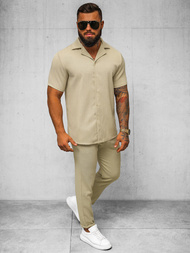 Pánska Košeľa s Krátkym Rukávom Béžová OZONEE O/Y971T