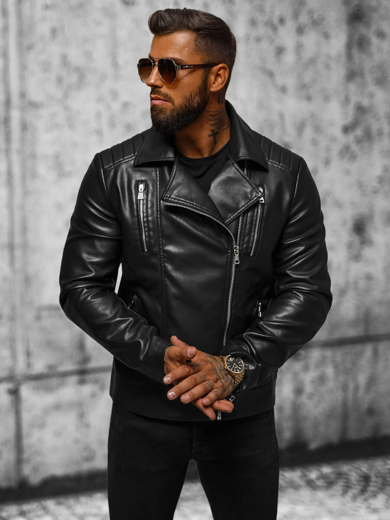 Pánska Koženková Bunda Čierna OZONEE JS/11Z8056