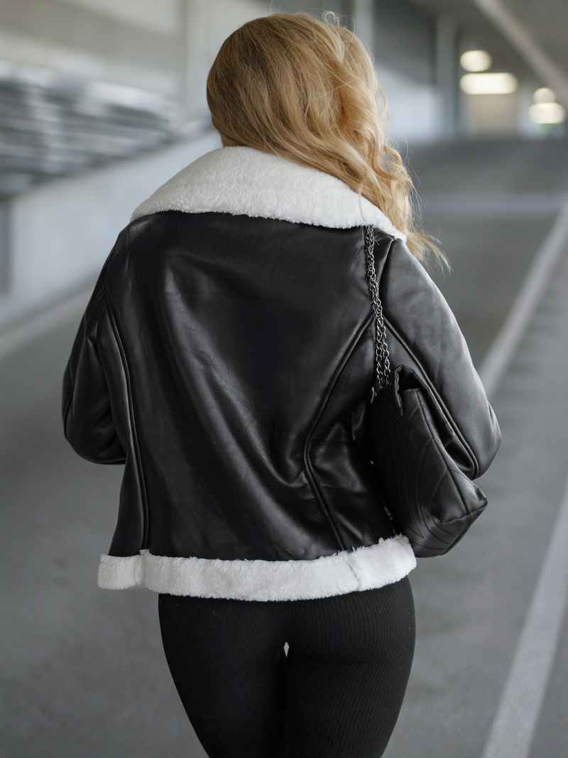 Dámska Kožená Bunda Čierno-Biela OZONEE JS/11Z8177Z