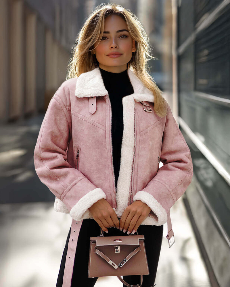 Dámska Kožená Bunda Prášková Ružová OZONEE O/81331Z