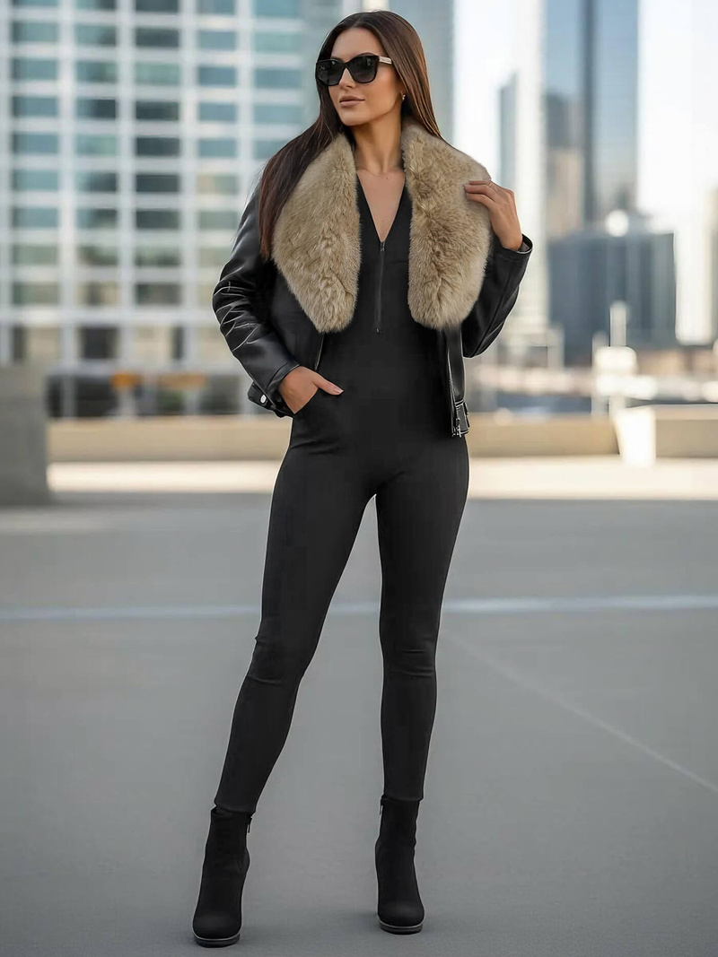 Dámska kožená bunda čierno-béžová OZONEE JS/61M8508/392BZ