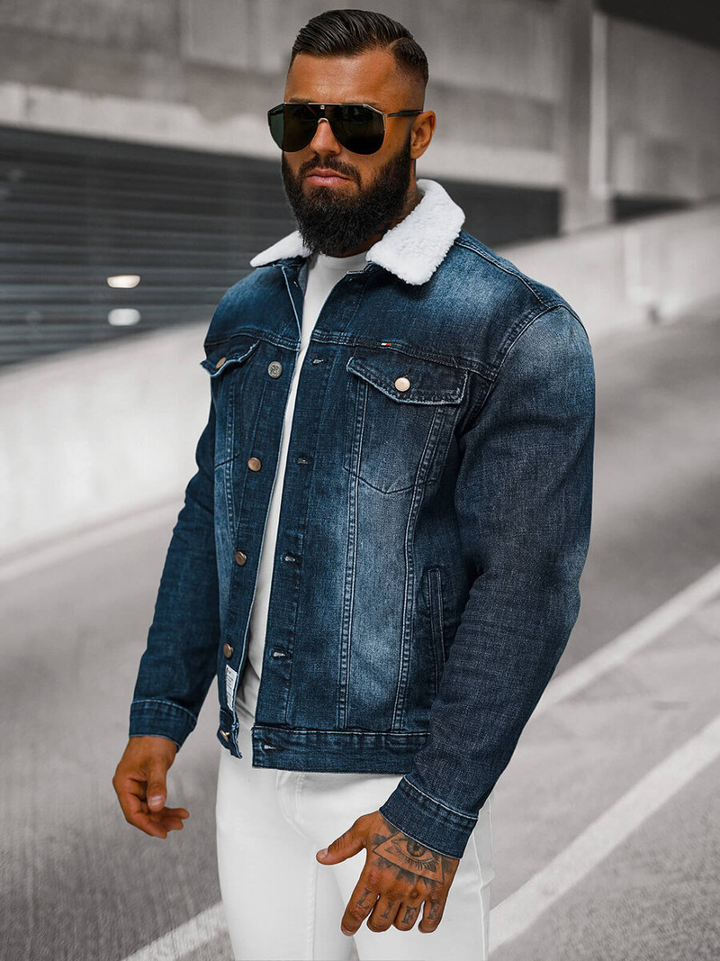 Pánska Riflová Bunda Šerpa Tmavomodrá OZONEE NB/MJ516BSZ