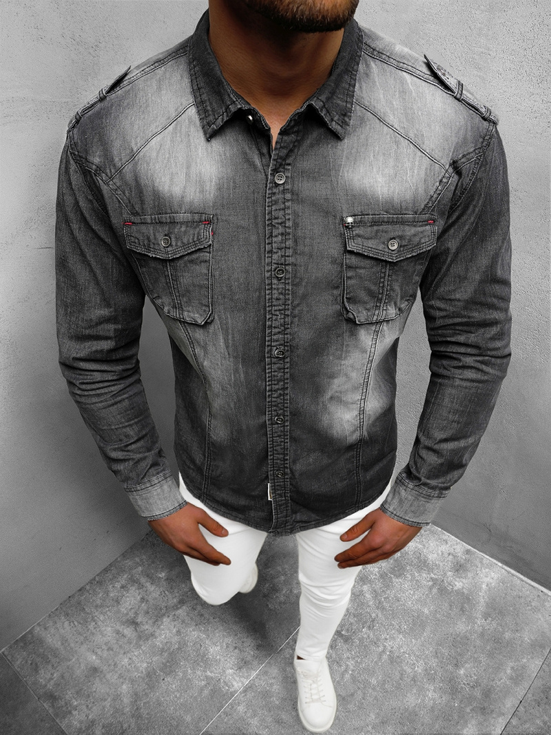 Pánska riflová košeľa čierna OZONEE NB/MC701N