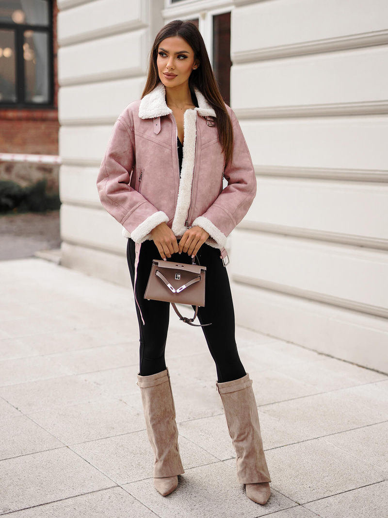 Dámska Kožená Bunda Prášková Ružová OZONEE O/81331