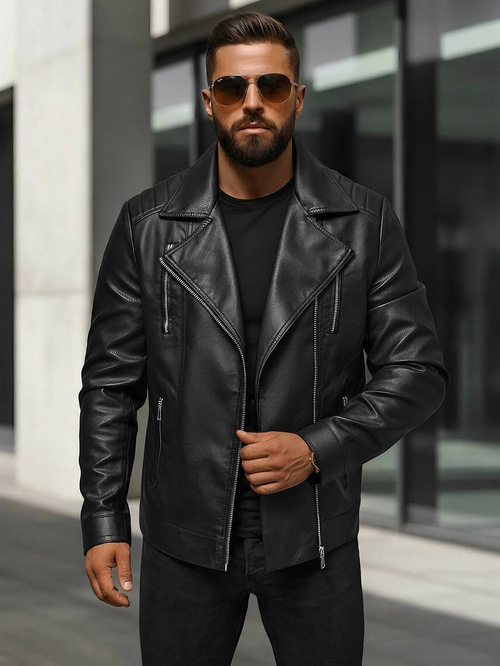 Pánska Koženková Bunda Čierna OZONEE JS/11Z8067Z