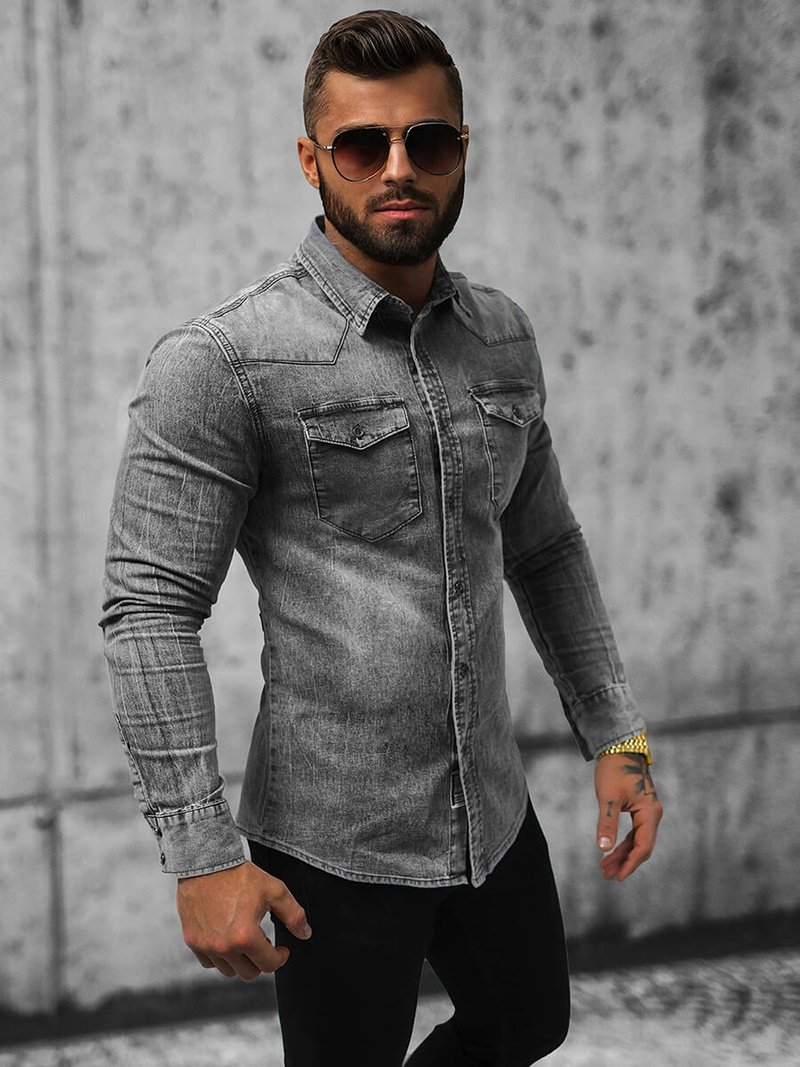 Pánska riflová košeľa sivá OZONEE NB/MC710G