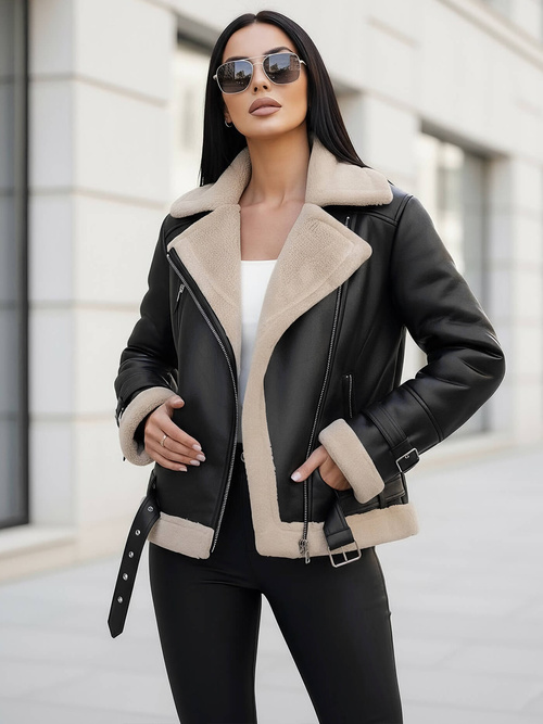 Dámska kožená bunda čierno-béžová OZONEE JS/11Z8177Z
