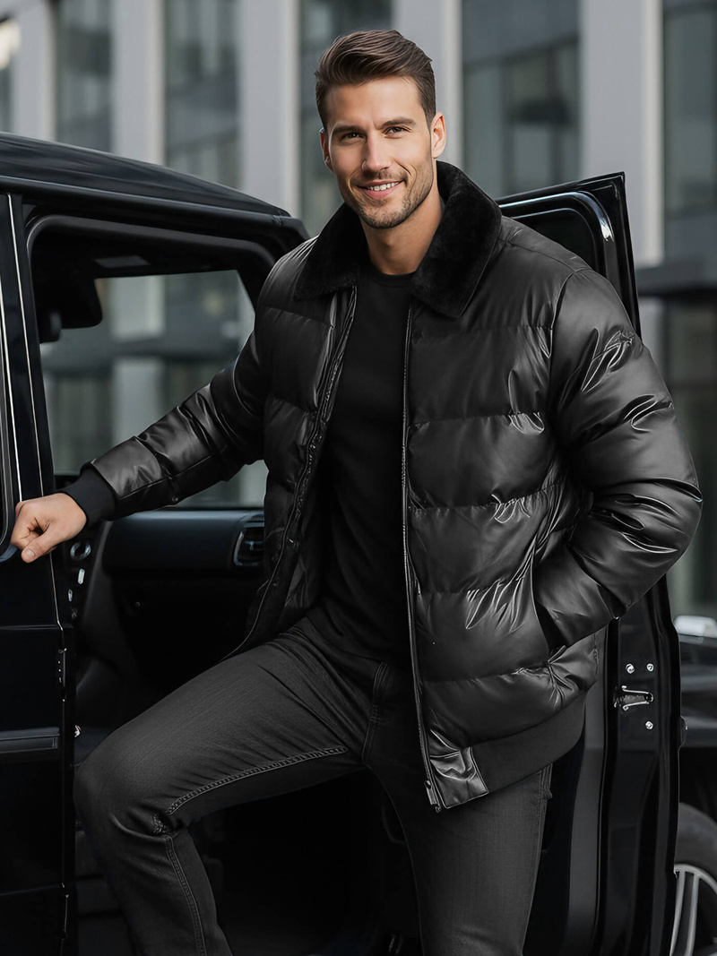 Pánska Koženková Bunda Čierna OZONEE O/M795Z