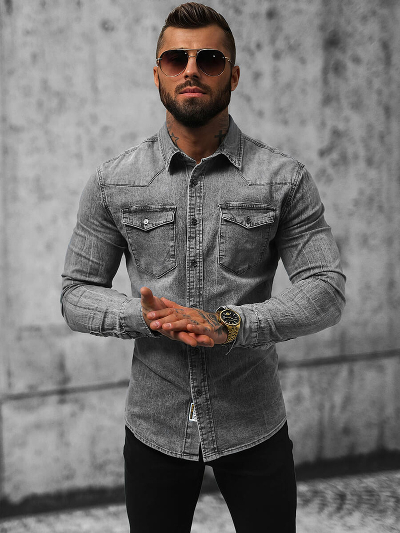 Pánska riflová košeľa sivá OZONEE NB/MC710G