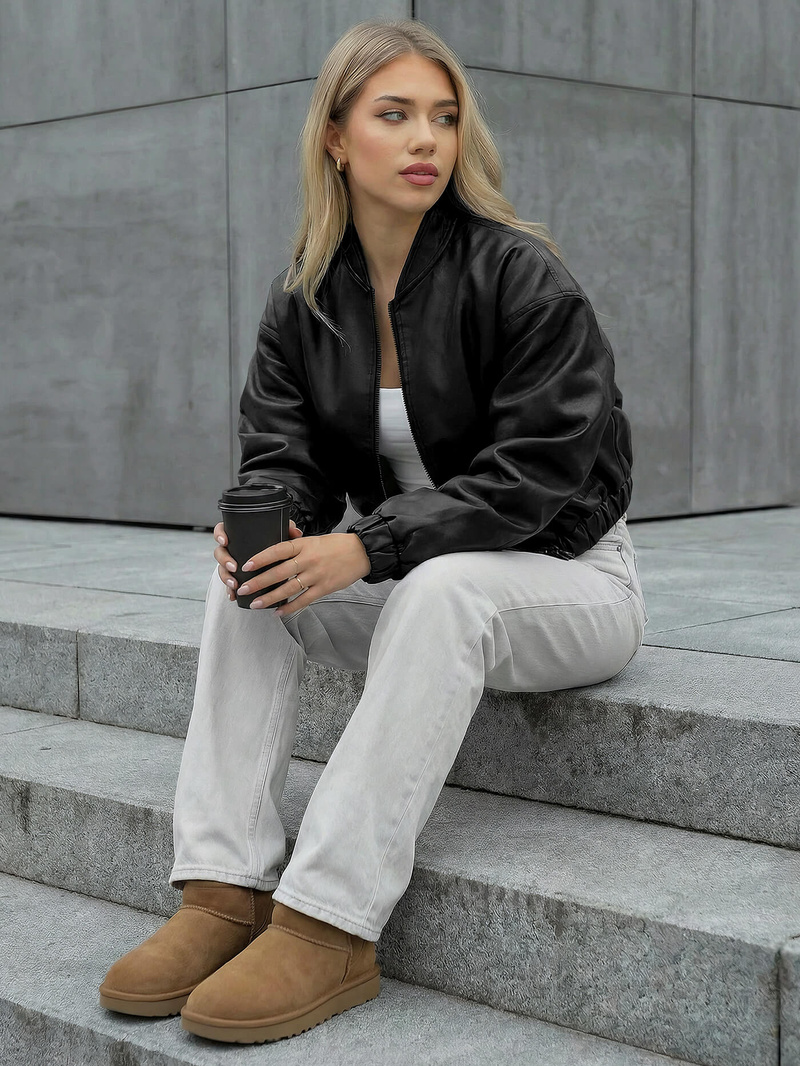 Dámska Kožená Bunda Čierna OZONEE JS/11Z8281Z