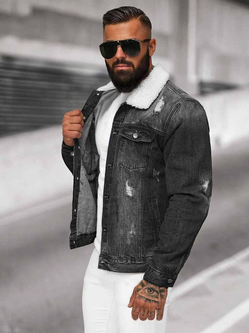 Pánska Riflová Bunda Šerpa Čierna OZONEE NB/MJ502NZ