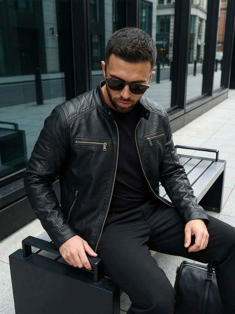 Pánska Koženková Bunda Čierna OZONEE JS/11Z8138