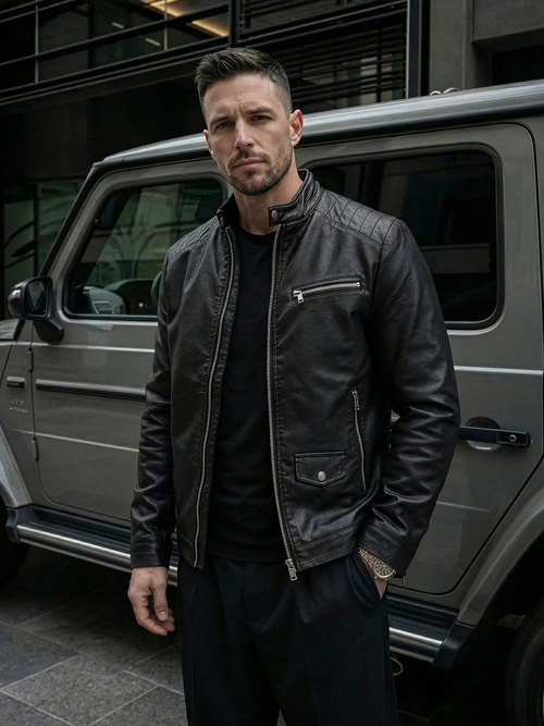 Pánska Koženková Bunda Čierna OZONEE JS/11Z8021