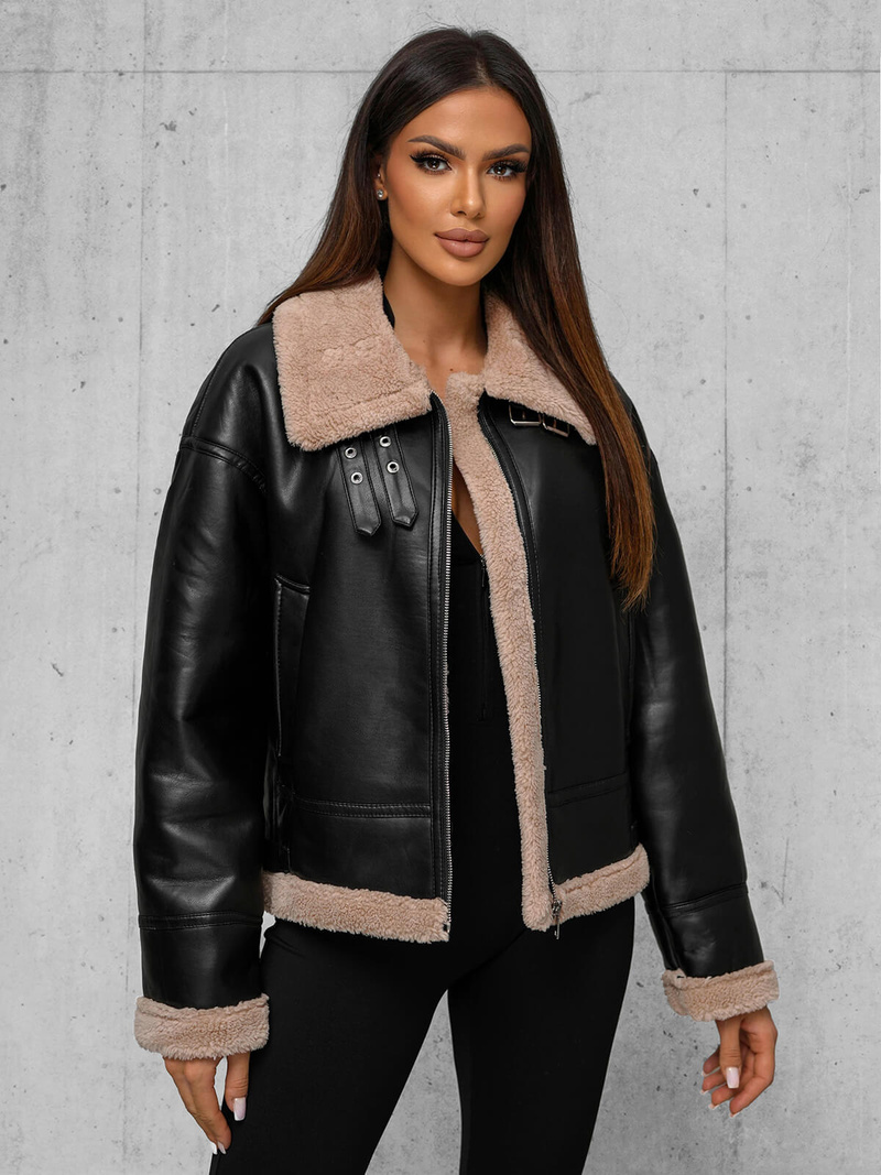 Dámska kožená bunda čierno-béžová OZONEE JS/11Z8176Z