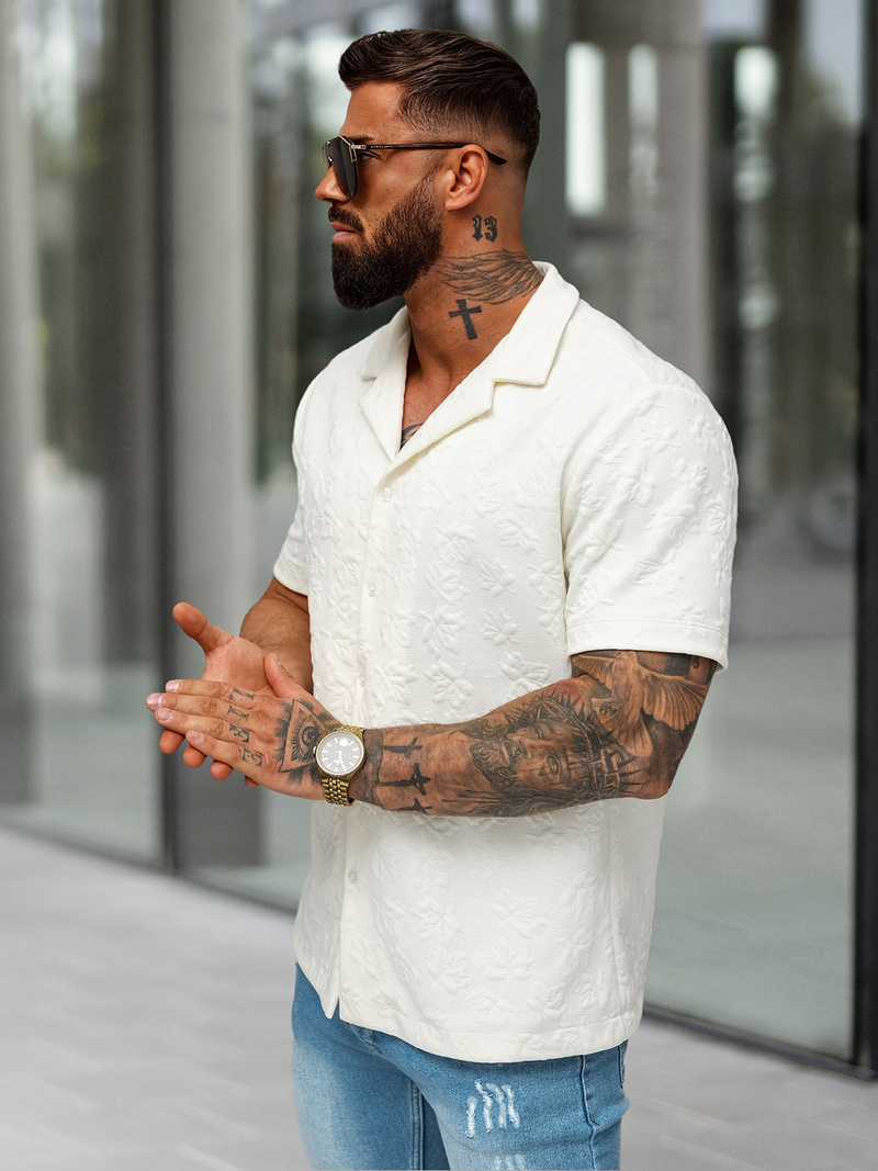 Pánska Košeľa s Krátkym Rukávom Ecru OZONEE O/B2258