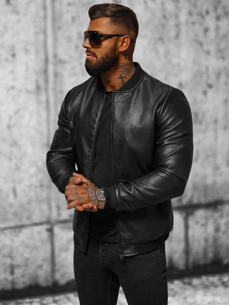 Pánska Koženková Bunda Čierna OZONEE JS/11Z8107