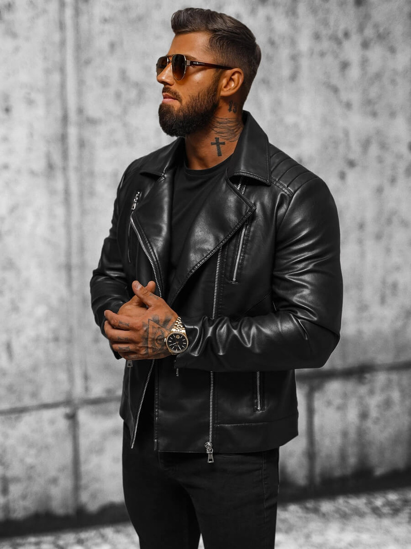 Pánska Koženková Bunda Čierna OZONEE JS/11Z8056