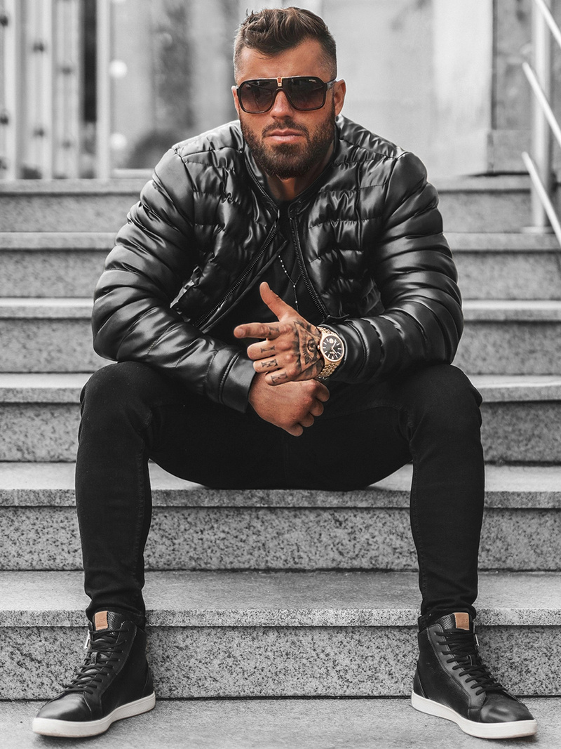 Pánska Koženková Bunda Čierna OZONEE O/M796